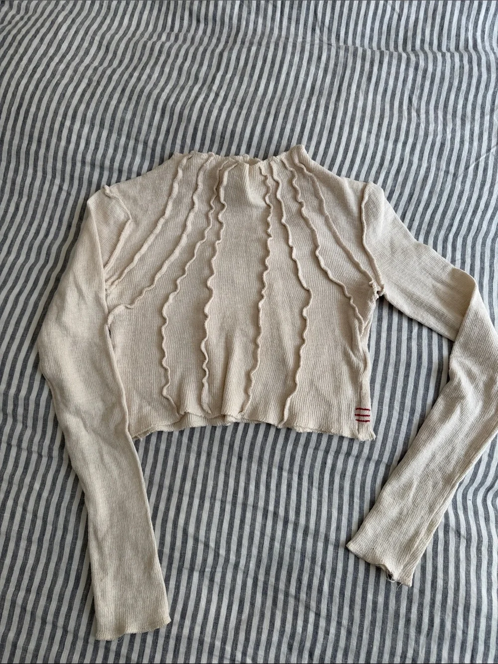 BDG Cream Cropped Ruffle-Trim Long Sleeve Top